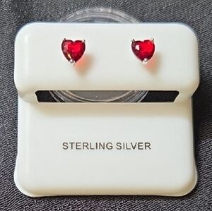 Sterling Silver Red Heart Stud Earrings